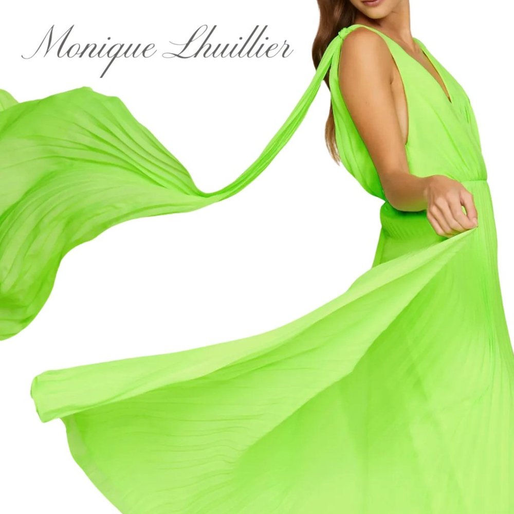 ML Monique Lhuillier Neon Pleated Chiffon Maxi Evening Gown Size US 4 - Picture 2 of 7